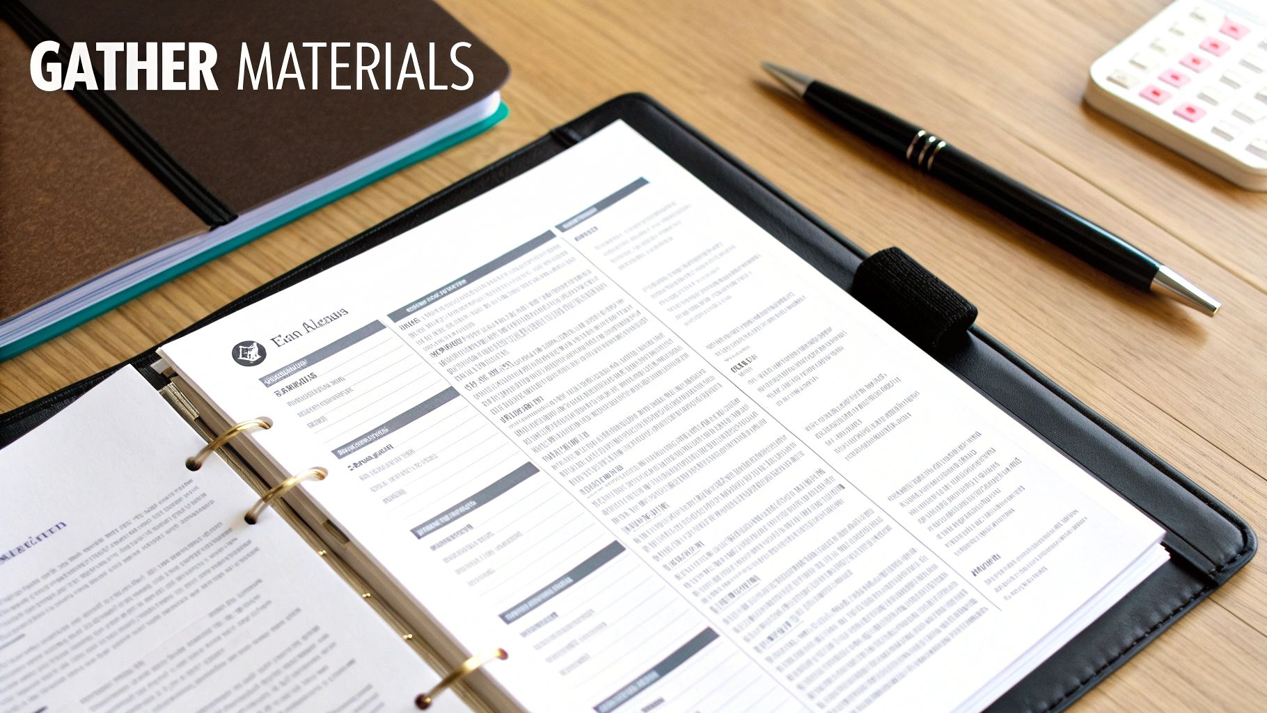 A person organizing papers and a laptop on a desk, preparing to write.