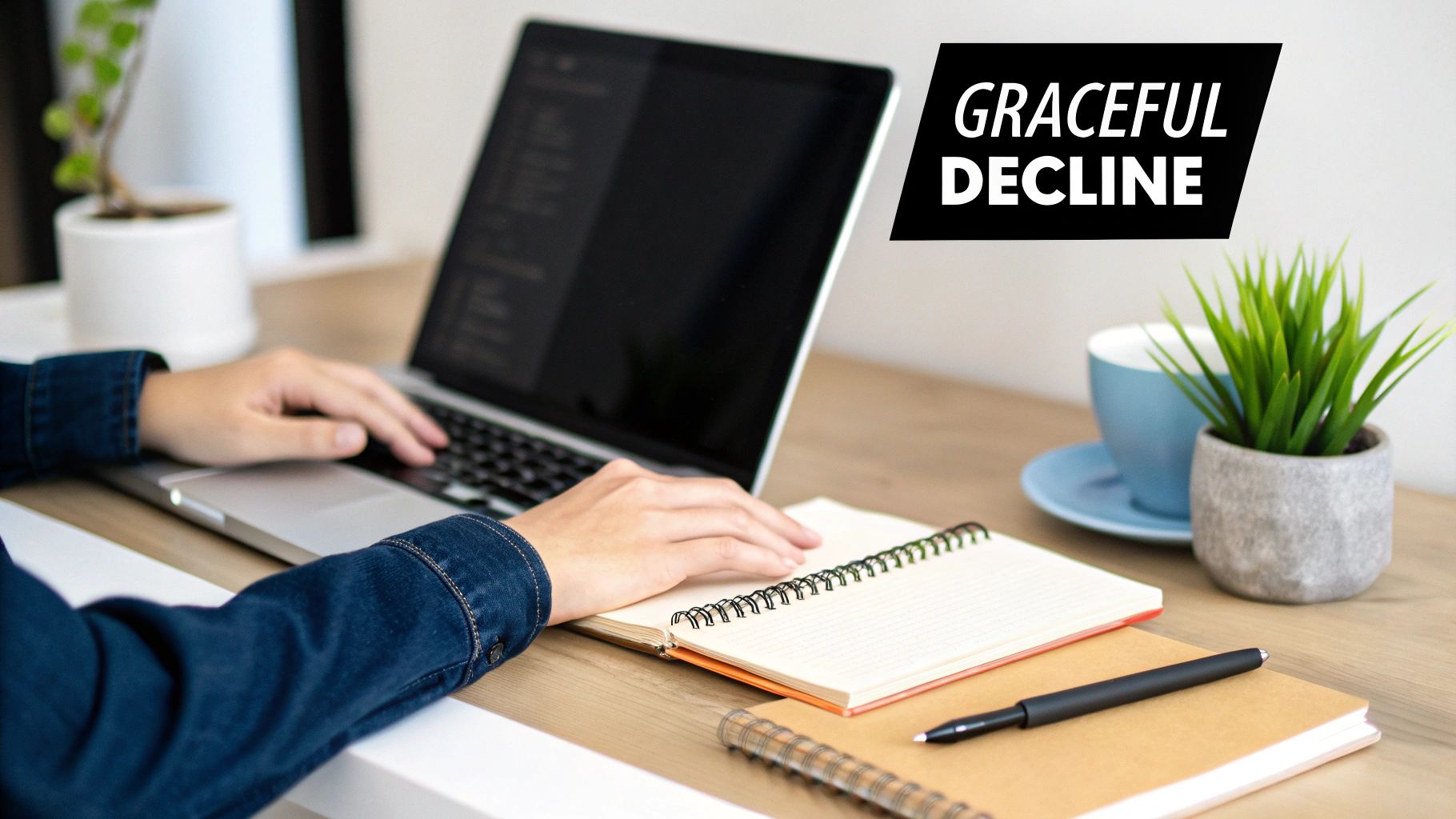 Typing 'Graceful Decline' on laptop.