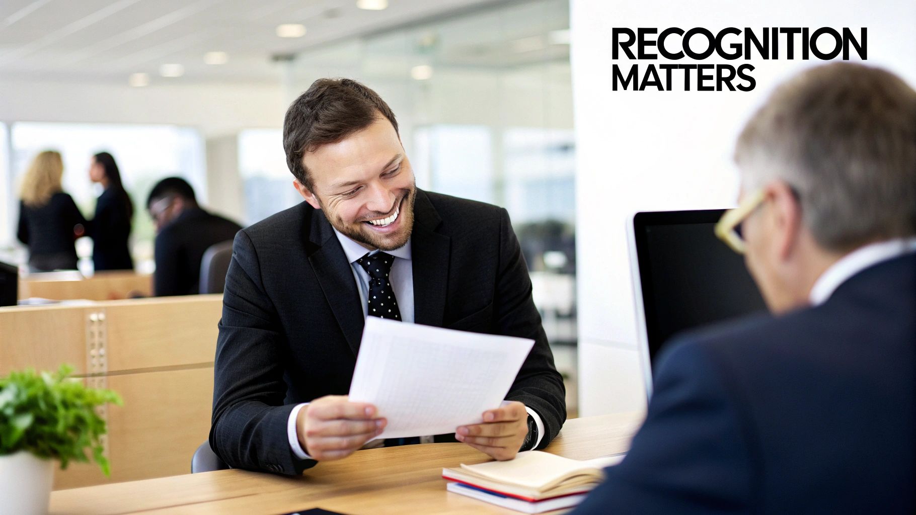 An employee smiling while looking at a promotion letter document on a computer screen.