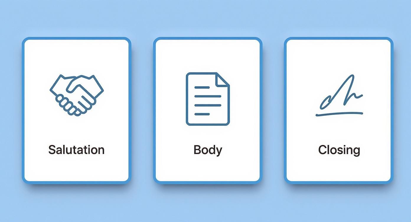 An infographic showing the three key parts of a cover letter structure Salutation, Body, and Closing, each with a corresponding icon.