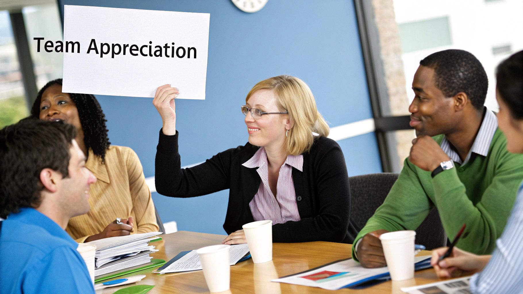 A team collaborating happily in a modern office space, with one member receiving a thank you note.