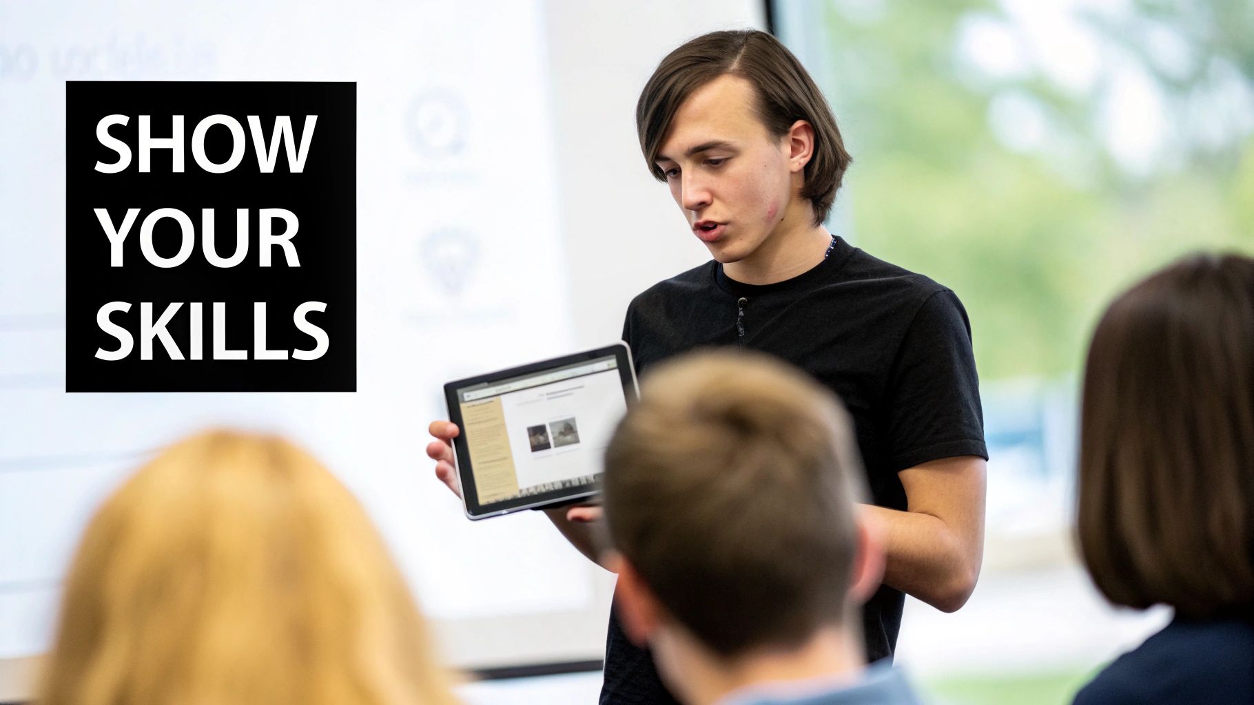 A student confidently presenting a project on a whiteboard to a small group, illustrating the act of storytelling and demonstrating skills.