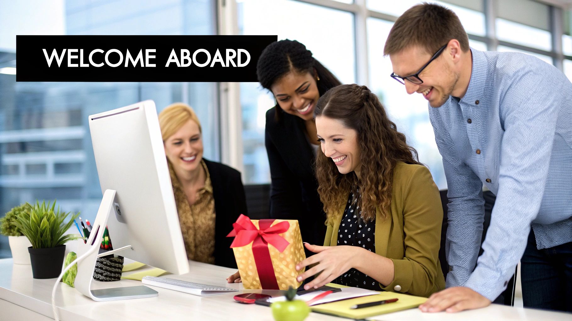 A group of diverse colleagues collaborating happily in a modern office, showcasing a positive company culture.