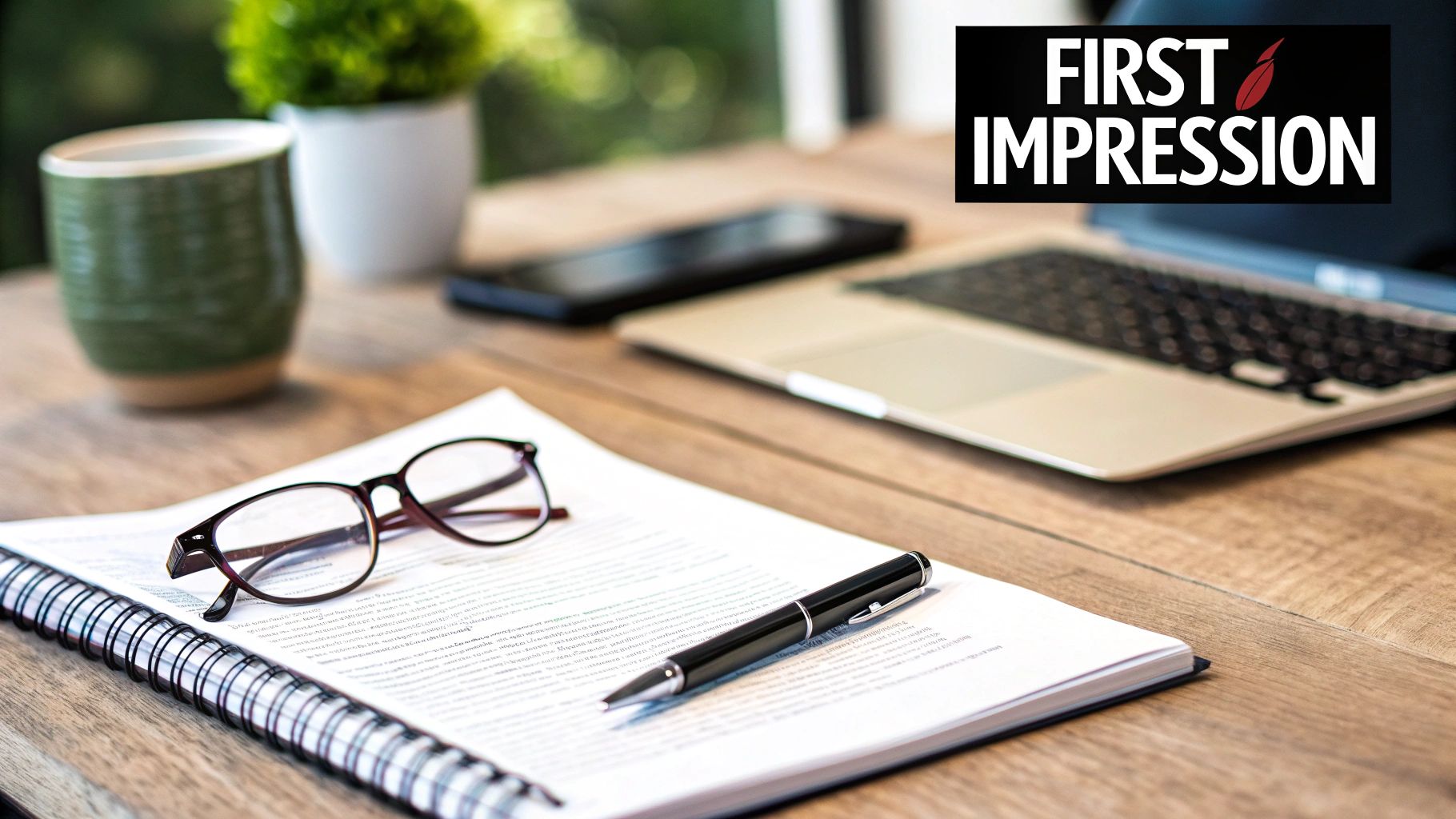 A person carefully writing a letter at a wooden desk with a laptop and coffee nearby.